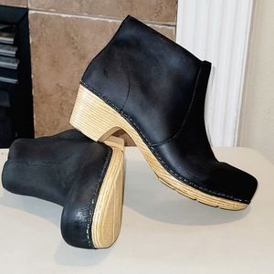 Dansko Black Leather Mules with Tan Wooden Heel